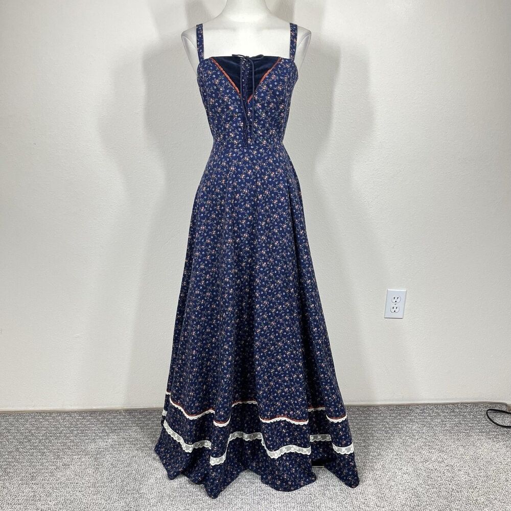 Vintage Gunne Sax Prairie Dress Women 9 Blue Floral Maxi Corset 70s Renaissance
